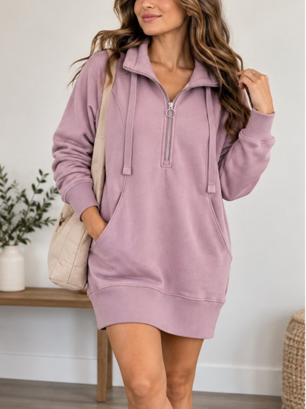 Athleta NWT Cozy Karma 1/4 Zip Dress in Dogwood Mauve, women's Small Petite